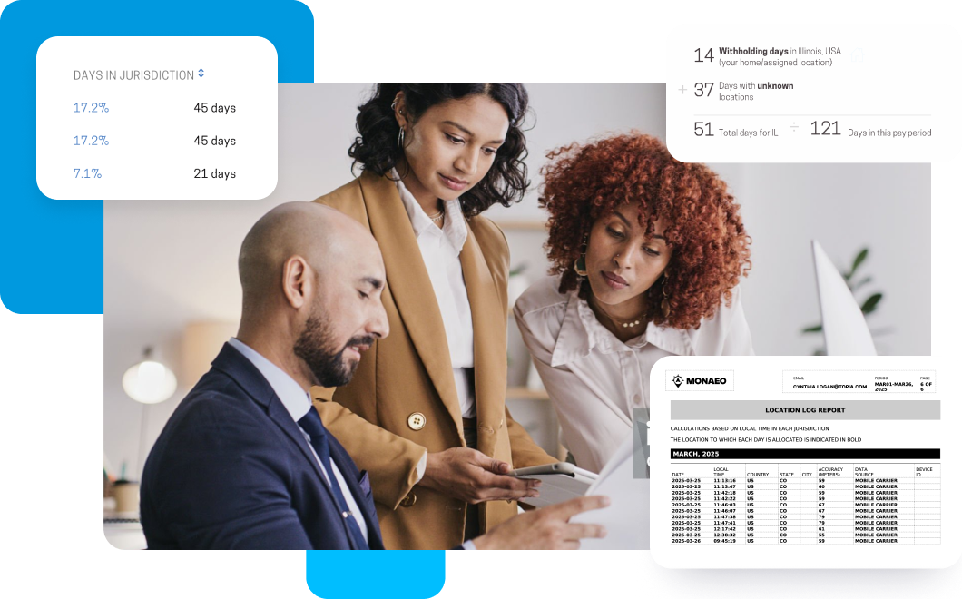 A business woman examines a spreadsheet with two colleagues, a man and a woman, in a collaborative business meeting.